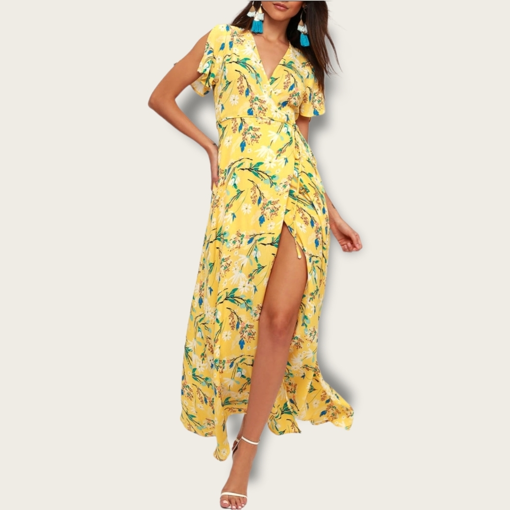 Lulu's Singing in the Garden Yellow Floral Print Wrap Maxi Dress Size S